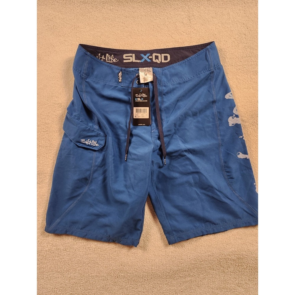 NWT SALT LIFE SLX-QD Swim Boardshorts Blue Skull Pockets